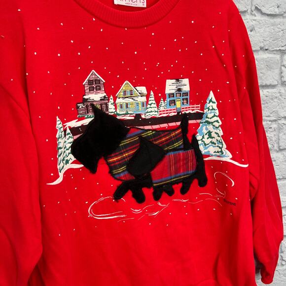 Vintage Kittens Brand Pullover Sweatshirt Red Scottie Dog Puff 3D Size L USA 80s - Picture 2 of 7